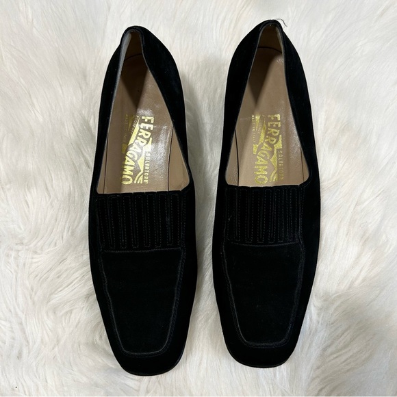 Salvatore Ferragamo Black Suede Square Toed Loafer Shoes Size 8.5 - Picture 2 of 11
